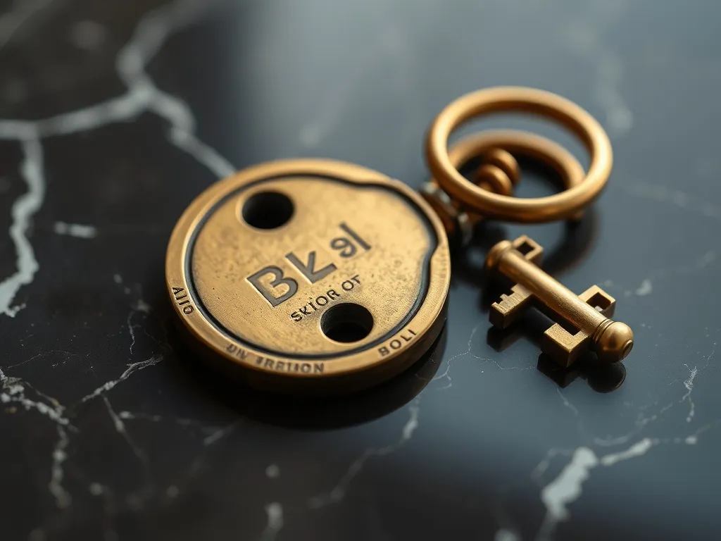 A close-up of a vintage brass key resting on a dark marble s